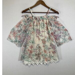 Ethereal Romantic Amy Byer Women XL Cream Floral Cold Shoulder Lace Hem Boho Top